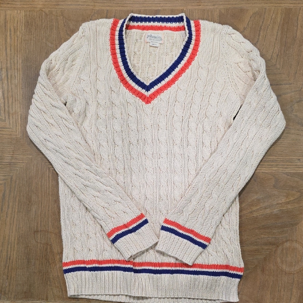 Boden Johnnie B Cream Cable Knit Sweater with Salmon and Blue Trim Size 16+